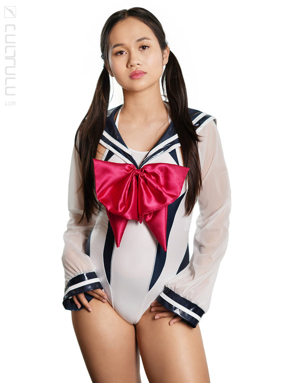 Jenny feat. Pharfaite Japan PF685 shiny wetlook sukumizu swimsuit combined with PF689 sailor top