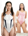 Pharfaite Japan PF685 shiny wetlook sukumizu swimsuit in pink-white and white-navy