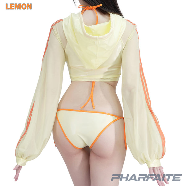 pharfaite PF543 wetlook sheer longsleeved hoodie lemon