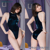 Pharfaite PF705 shiny velvet enamel japanese highneck swimsuit dark navy