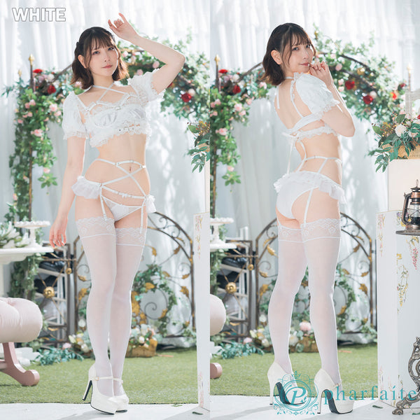 PHARFAITE Lace Limitation Eterna White Full Body Ansicht mit Puffärmeln und Strumpfhalter-Gürtel