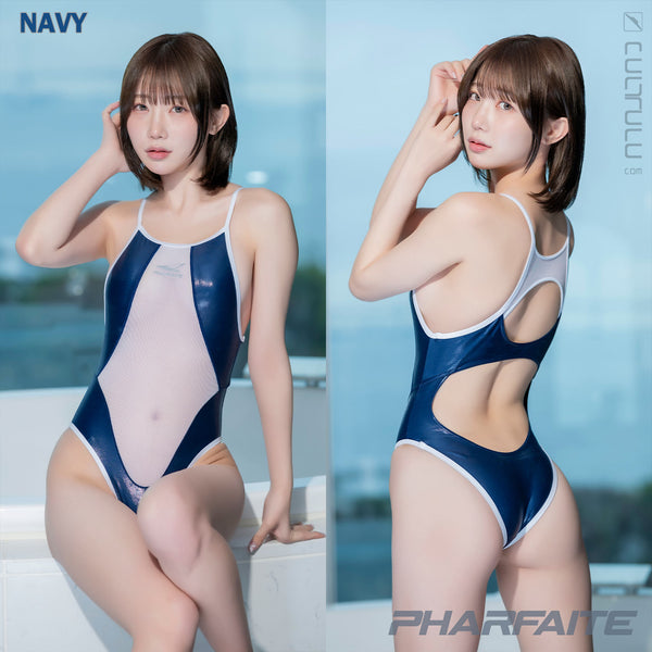 pharfaite pf709 diamond sheer wetlook mix swimsuit navy