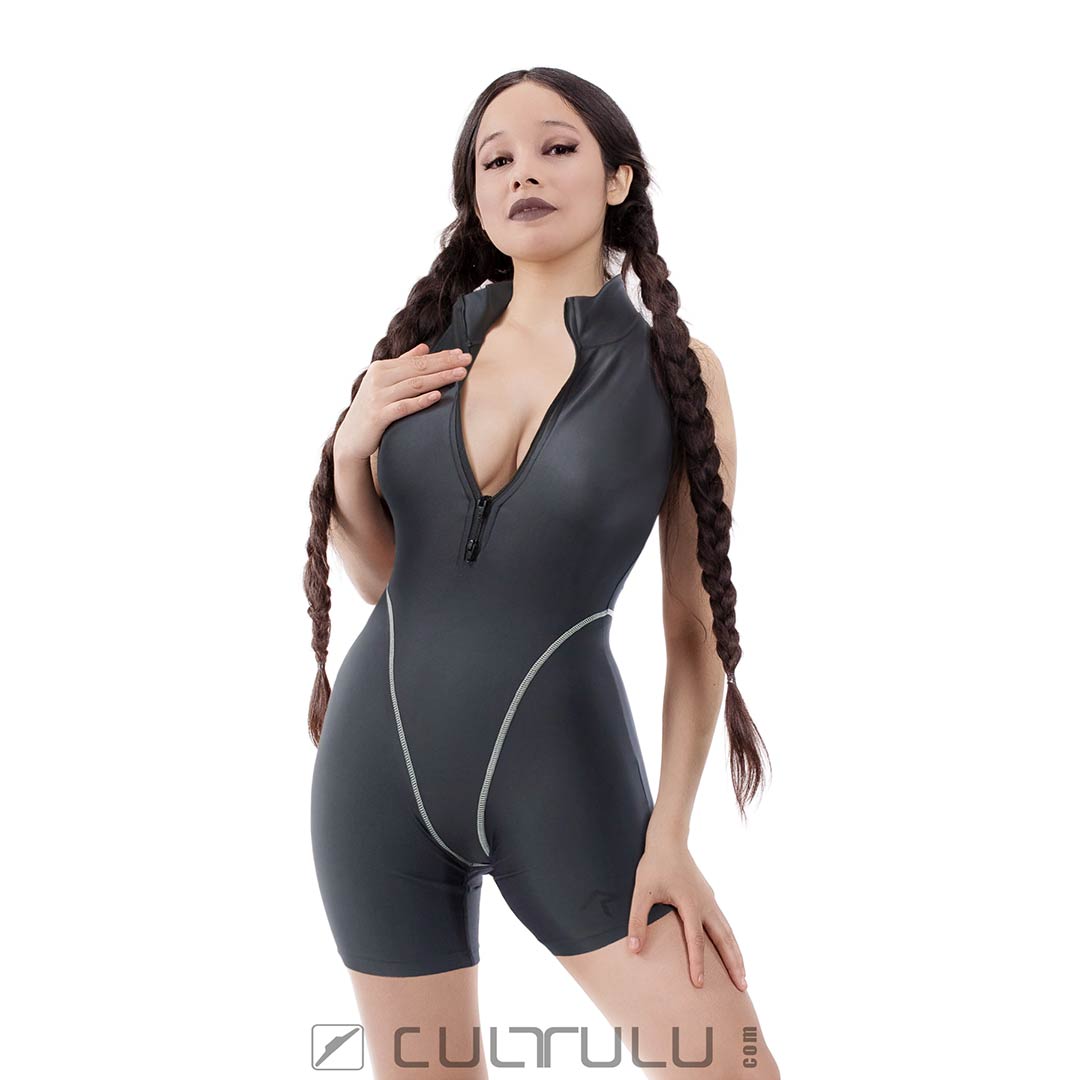 Grecia wears Realise jumpsuit FBSS-002 charcoal