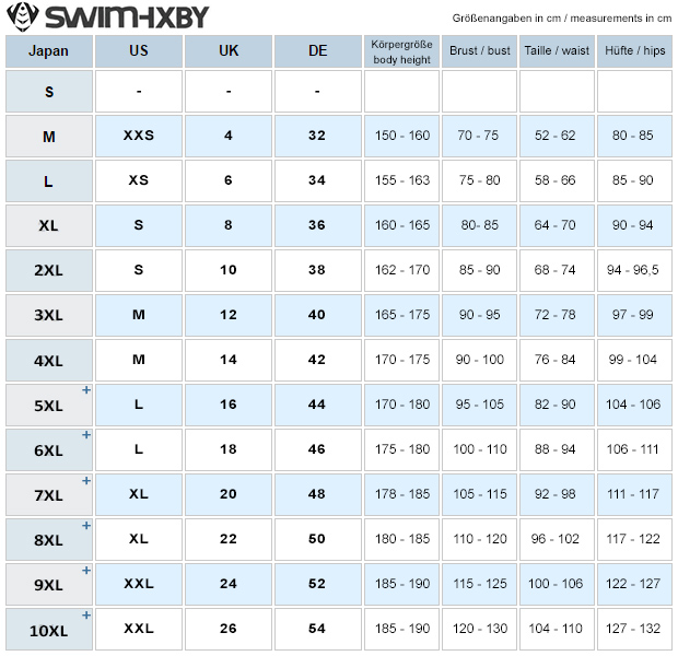 SwimHXBY sizechart