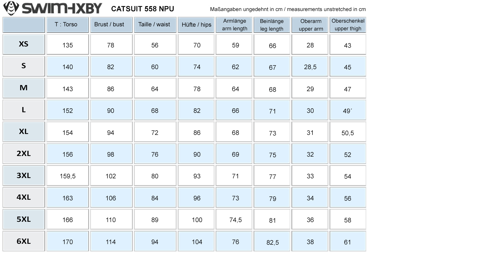 groessentabelle sizechart swimhxby catsuit 558 unstretched data
