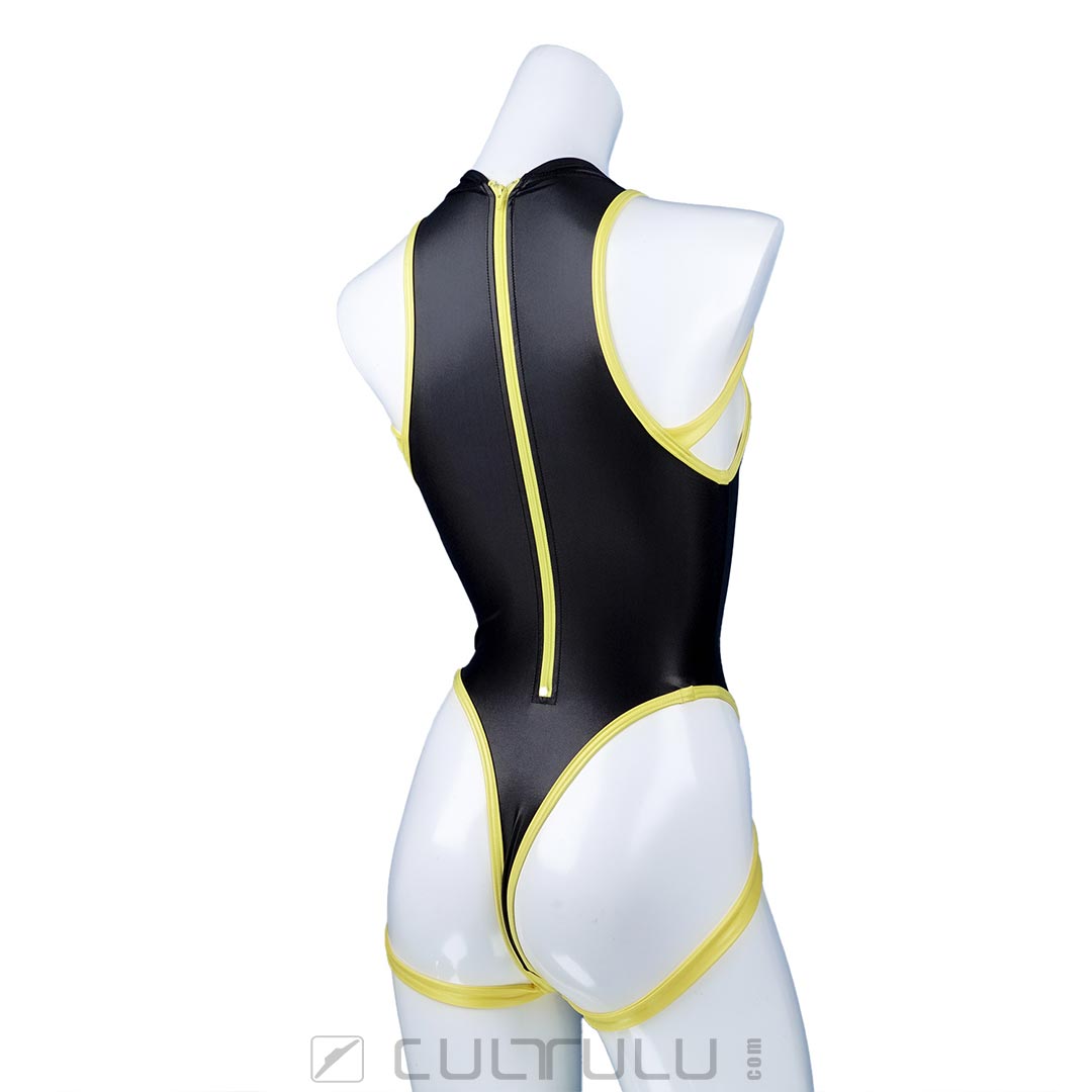 pharfaite pf648 thong back swimsuit black-yellow