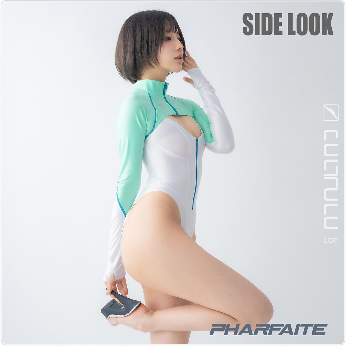 Pharfaite PF653 wetlook longslooved open-bust swimsuit mint white