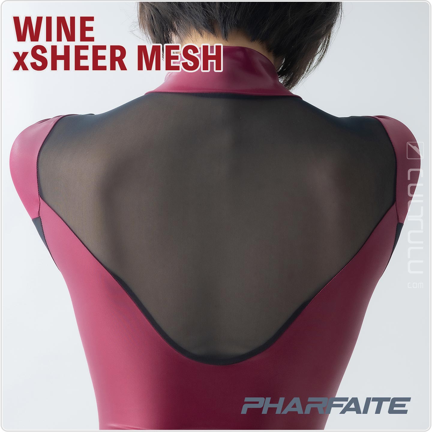 pharfaite PF664 sgs wetlook longsleeved string swimsuit wine-blackmesh