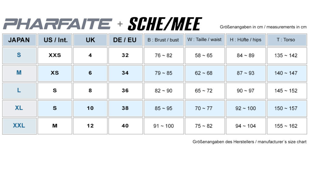 Pharfaite Groessentabelle sizechart