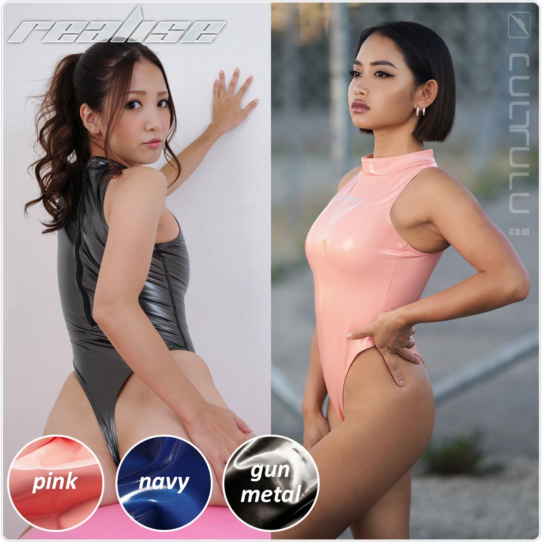 Realise rubberized string swimsuit T997 in gunmetal and pink