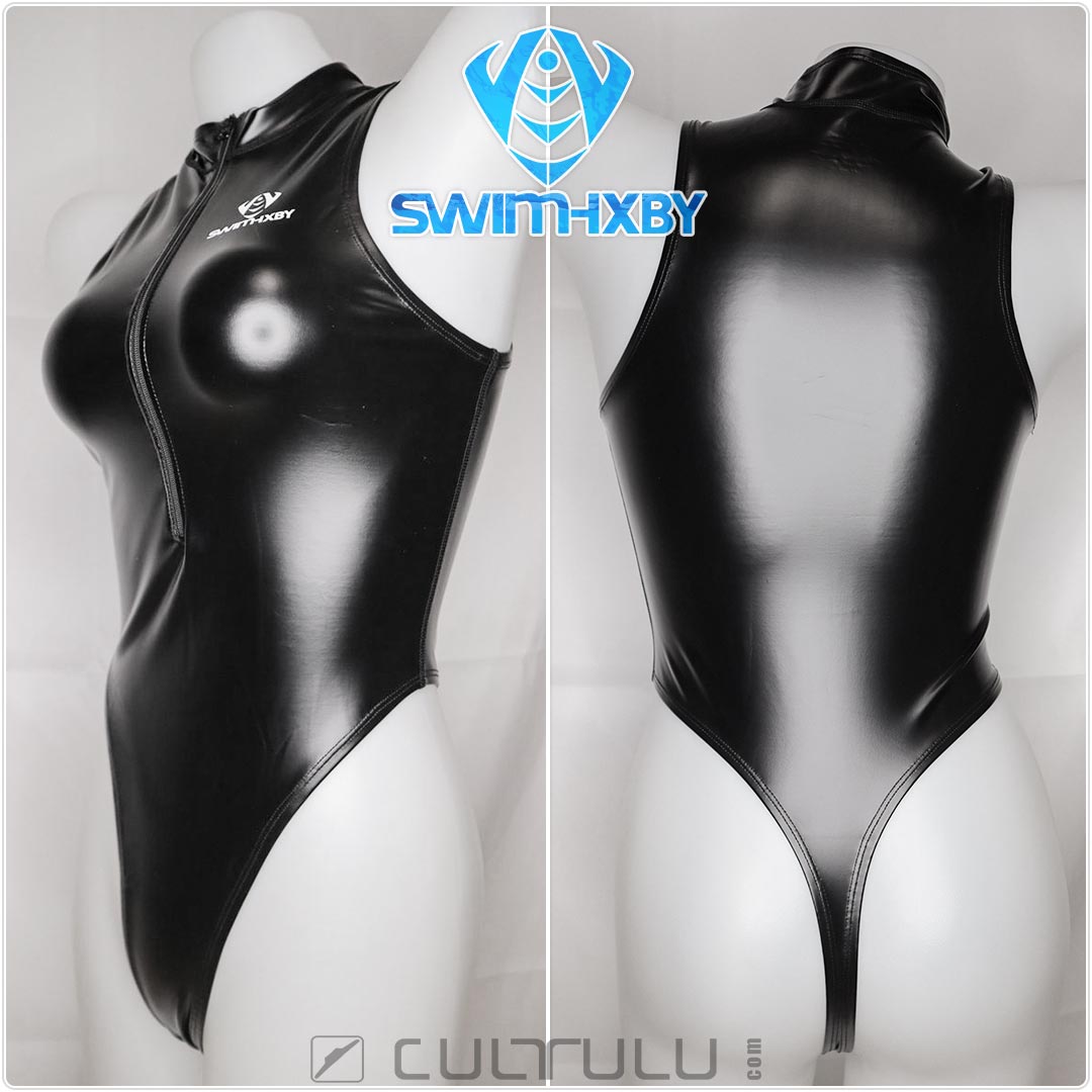 Swimhxby highneck waterpolo string swimsuit 203tsfz with frontzipper in black rubber NPU